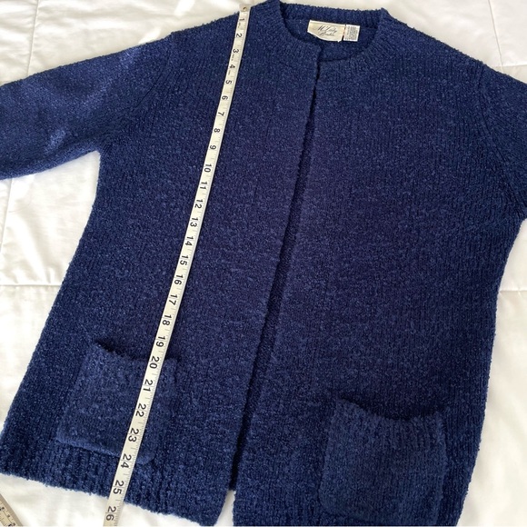 Vintage M’Lady Bruhn Bouclé Open Front Cardigan Sweater Pockets Dark Blue Sz M - Picture 10 of 10